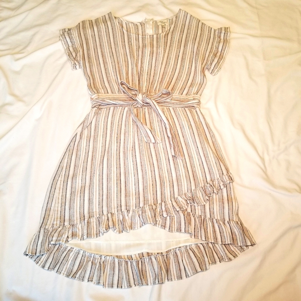 Ava James Beige Striped Ruffle Dress Size Medium
